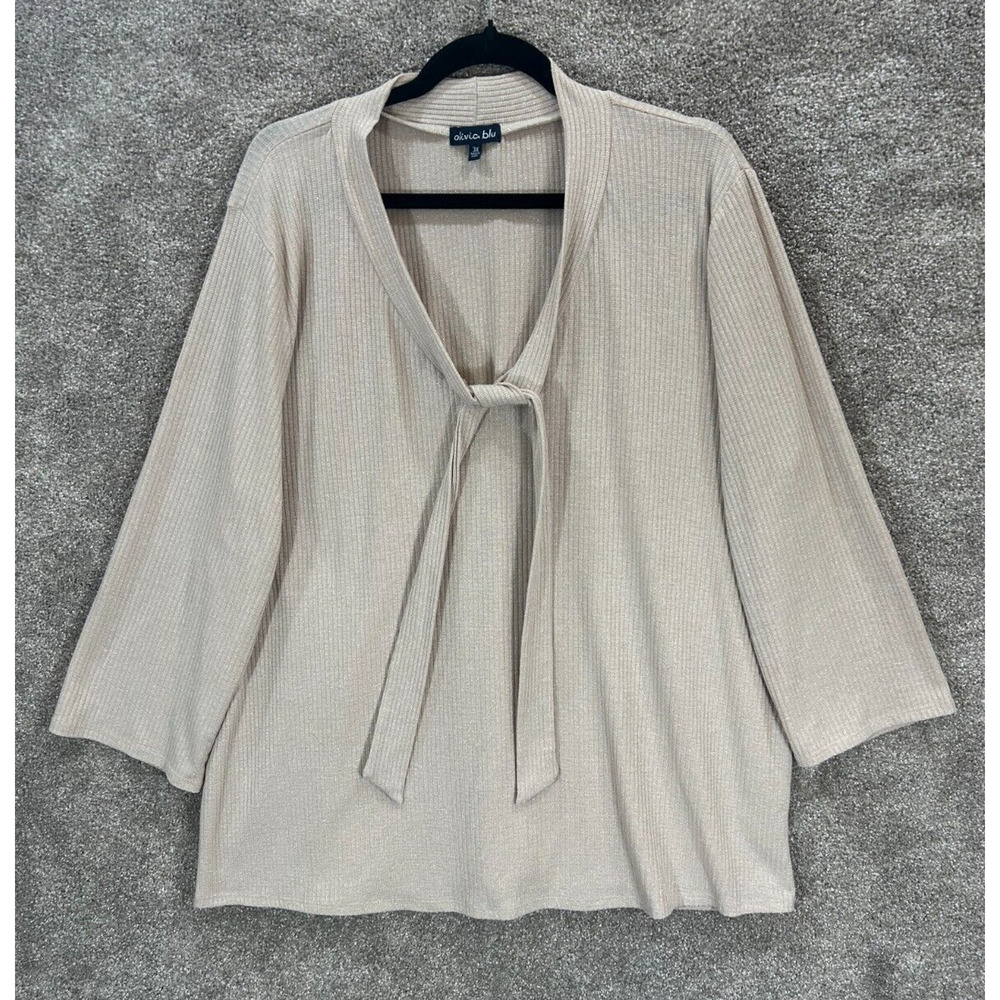 Olivia Blu Top Womens 3X‎ Pale Pink Metallic Slinky Tie Neckline Stretch Blouse